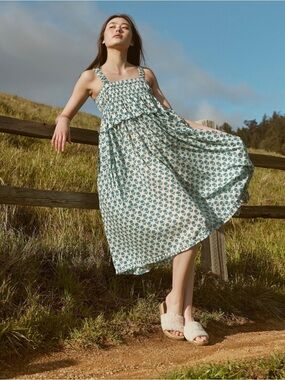 EDDY Anthropologie Crown Ruffle Nightgown Smocked Tank Midi Dress Blue Floral XS